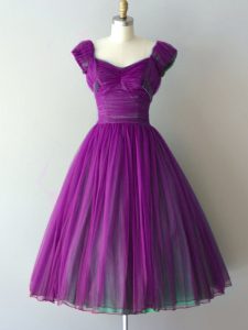 Great Knee Length Purple Vestidos de Damas Chiffon Cap Sleeves Ruching