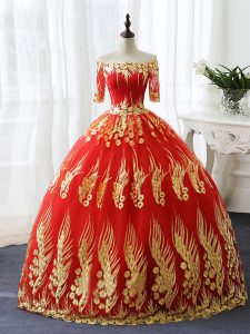 Half Sleeves Lace Up Floor Length Appliques 15th Birthday Dress
