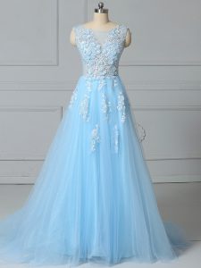 Exceptional Scoop Sleeveless Brush Train Lace Up Homecoming Dress Baby Blue Tulle