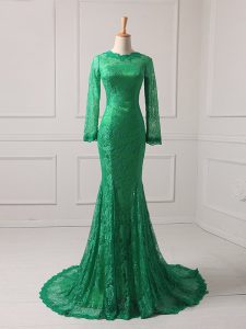 Pretty Green Mermaid Lace Scoop Long Sleeves Lace Zipper Mother of Groom Dress Brush Train