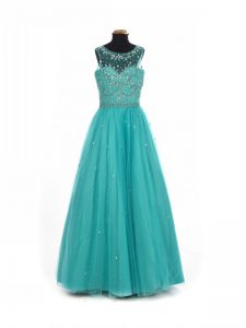 Gorgeous Teal Kids Formal Wear Wedding Party with Beading Scoop Sleeveless Lace Up