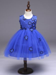 Excellent Knee Length Ball Gowns Sleeveless Royal Blue Flower Girl Dresses for Less Zipper