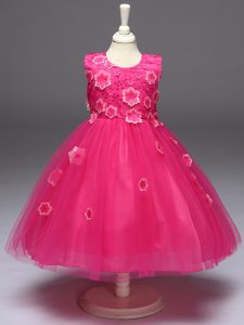 Sleeveless Knee Length Appliques and Bowknot Zipper Child Pageant Dress with Hot Pink