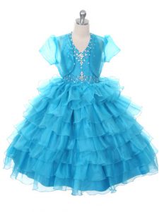 Sleeveless Floor Length Beading and Ruffled Layers and Bowknot Lace Up Kids Formal Wear with Baby Blue