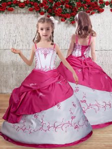 Cute Hot Pink Straps Lace Up Embroidery Kids Formal Wear Sleeveless