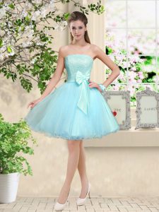Excellent Aqua Blue Sleeveless Lace and Belt Knee Length Bridesmaid Dress