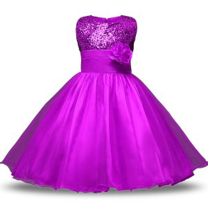 Shining Sleeveless Organza and Sequined Knee Length Zipper Flower Girl Dresses in Purple with Belt and Hand Made Flower