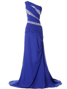 Blue Evening Gowns One Shoulder Sleeveless Brush Train Lace Up