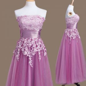 Suitable Lilac Sleeveless Tea Length Appliques Lace Up Bridesmaid Dress