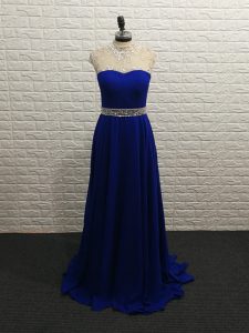 Cheap Royal Blue Chiffon Zipper High-neck Sleeveless Prom Evening Gown Brush Train Beading