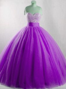 Designer Eggplant Purple Tulle Lace Up Quinceanera Gown Sleeveless Floor Length Beading
