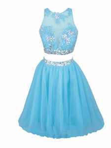 Aqua Blue Tulle Side Zipper Scoop Sleeveless Mini Length Prom Homecoming Dress Beading