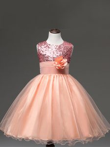Knee Length Zipper Flower Girl Dresses for Less Peach for Wedding Party with Sequins and Hand Made Flower