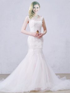 White Sleeveless Tulle Brush Train Lace Up Wedding Gown for Wedding Party