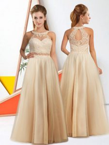 Low Price Champagne Sleeveless Floor Length Lace Zipper Wedding Party Dress