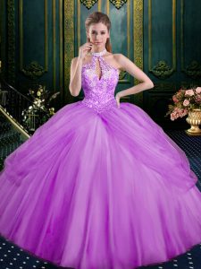 Glittering Lilac Halter Top Lace Up Beading and Pick Ups Quinceanera Dresses Sleeveless
