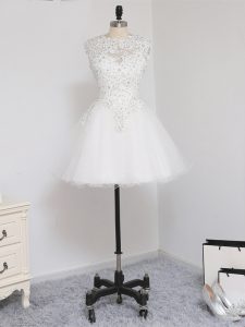 On Sale Mini Length White Junior Homecoming Dress Tulle Sleeveless Beading and Lace and Appliques