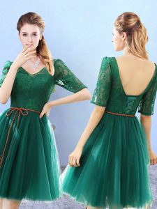 Unique Green V-neck Backless Lace Dama Dress for Quinceanera Half Sleeves