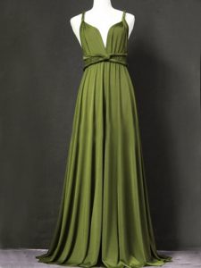 Classical Floor Length Criss Cross Quinceanera Court of Honor Dress Olive Green for Prom and Party and Wedding Party with Ruching