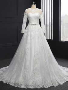 Customized White A-line Scoop Long Sleeves Tulle Brush Train Lace Up Lace Wedding Dresses