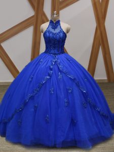 Royal Blue Tulle Lace Up Halter Top Sleeveless Ball Gown Prom Dress Brush Train Appliques