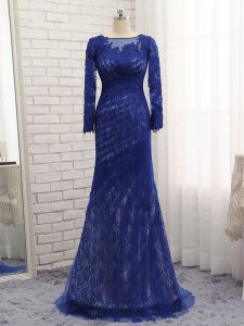Attractive Blue Tulle Zipper Bateau Long Sleeves Mother Dresses Brush Train Lace