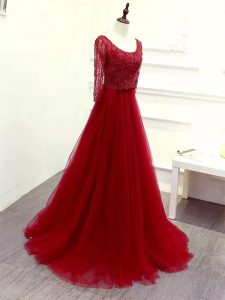 Wine Red Long Sleeves Brush Train Beading and Lace and Belt Dress Like A Star