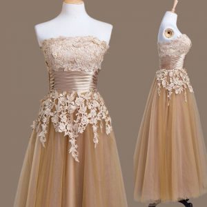 Brown Empire Strapless Sleeveless Tulle Tea Length Lace Up Appliques Bridesmaid Dresses