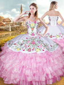 Floor Length Lace Up 15 Quinceanera Dress Rose Pink for Military Ball and Sweet 16 and Quinceanera with Embroidery and Ruffled Layers