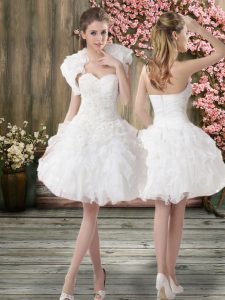 Knee Length White Wedding Gowns Organza Sleeveless Beading and Embroidery