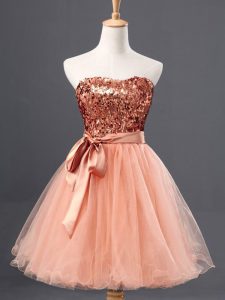 Customized Mini Length Peach Homecoming Party Dress Tulle Sleeveless Sequins