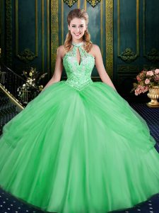 Top Selling Green Tulle Lace Up Vestidos de Quinceanera Sleeveless Floor Length Beading and Pick Ups