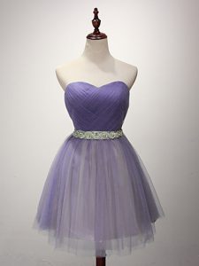 Discount Sleeveless Mini Length Beading and Ruching Lace Up Vestidos de Damas with Lavender