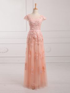Colorful Lace and Appliques and Belt Mother Dresses Peach Lace Up Cap Sleeves Floor Length