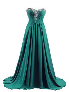 Luxurious Turquoise Sleeveless Brush Train Beading Prom Dress