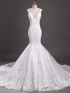 White Sleeveless Court Train Beading and Lace Wedding Dress