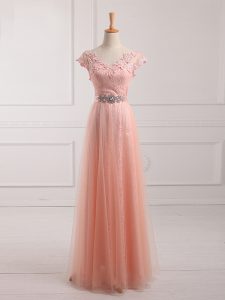Beauteous Floor Length Peach Mother of Groom Dress V-neck Short Sleeves Lace Up