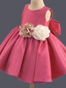Delicate Hot Pink Scoop Clasp Handle Bowknot and Hand Made Flower Flower Girl Dresses Sleeveless