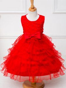 New Style Sleeveless Organza Tea Length Zipper Little Girls Pageant Gowns in Red with Ruffled Layers and Bowknot