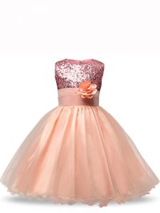 Hot Selling Peach Ball Gowns Organza Scoop Sleeveless Sequins and Hand Made Flower Knee Length Zipper Flower Girl Dresses for Less