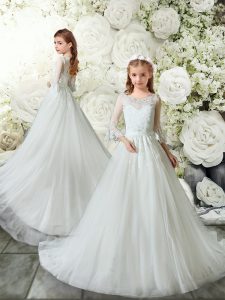 Best Selling Tulle Scoop 3 4 Length Sleeve Brush Train Clasp Handle Lace Flower Girl Dresses in White