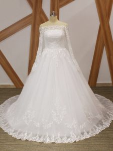 Customized Ball Gowns Long Sleeves White Wedding Dress Court Train Lace Up