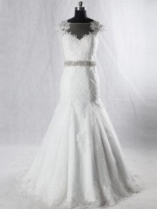 Fitting White Mermaid Tulle Scoop Cap Sleeves Beading and Lace Clasp Handle Wedding Dress Brush Train