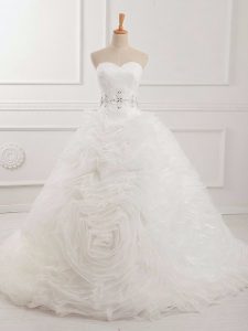 Sweetheart Sleeveless Wedding Gown Brush Train Beading and Ruching White Organza