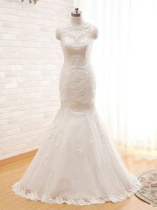 Attractive High-neck Sleeveless Tulle Wedding Gown Lace and Appliques Zipper