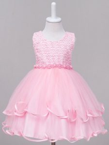 Baby Pink Tulle Zipper Juniors Party Dress Sleeveless Knee Length Lace