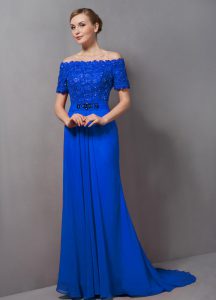 Spectacular Blue Chiffon Zipper Mother of Groom Dress Short Sleeves Sweep Train Lace