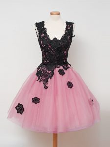 Pink Tulle Zipper Straps Sleeveless Knee Length Court Dresses for Sweet 16 Lace