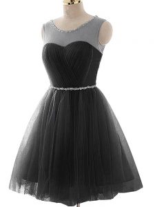 Classical Black Tulle Lace Up Prom Gown Sleeveless Mini Length Beading and Ruching