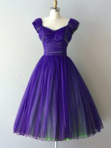 Amazing V-neck Cap Sleeves Wedding Party Dress Knee Length Ruching Purple Chiffon